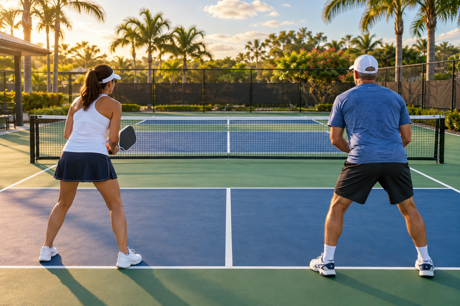 Jogadores praticando Pickleball em uma quadra de areia